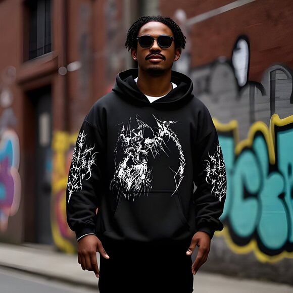 Mens Graphic Hoodie, Black Dark Streetwear Gothic Jacket, Cotton Polysester Blen - Picture 2 of 4